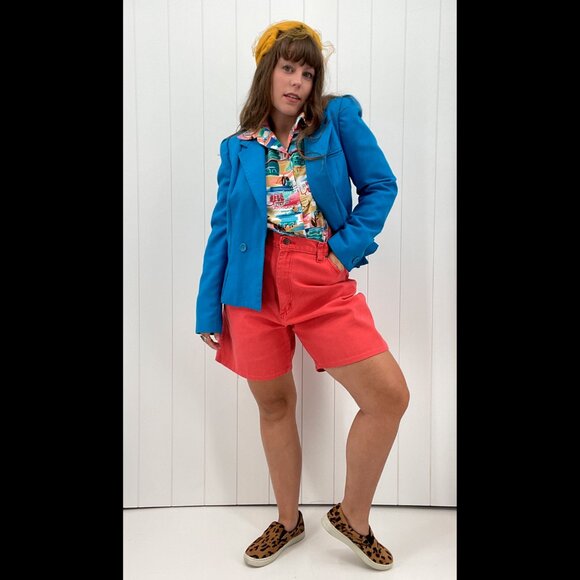 Vintage 80s 90s Bright Teal Blue Boxy Double Breasted Blazer Peabody House M - Picture 2 of 15